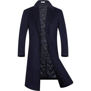 Men' navy Luxury Full Length Trench Coat Long Wool Overcoat Winter Windbreaker
